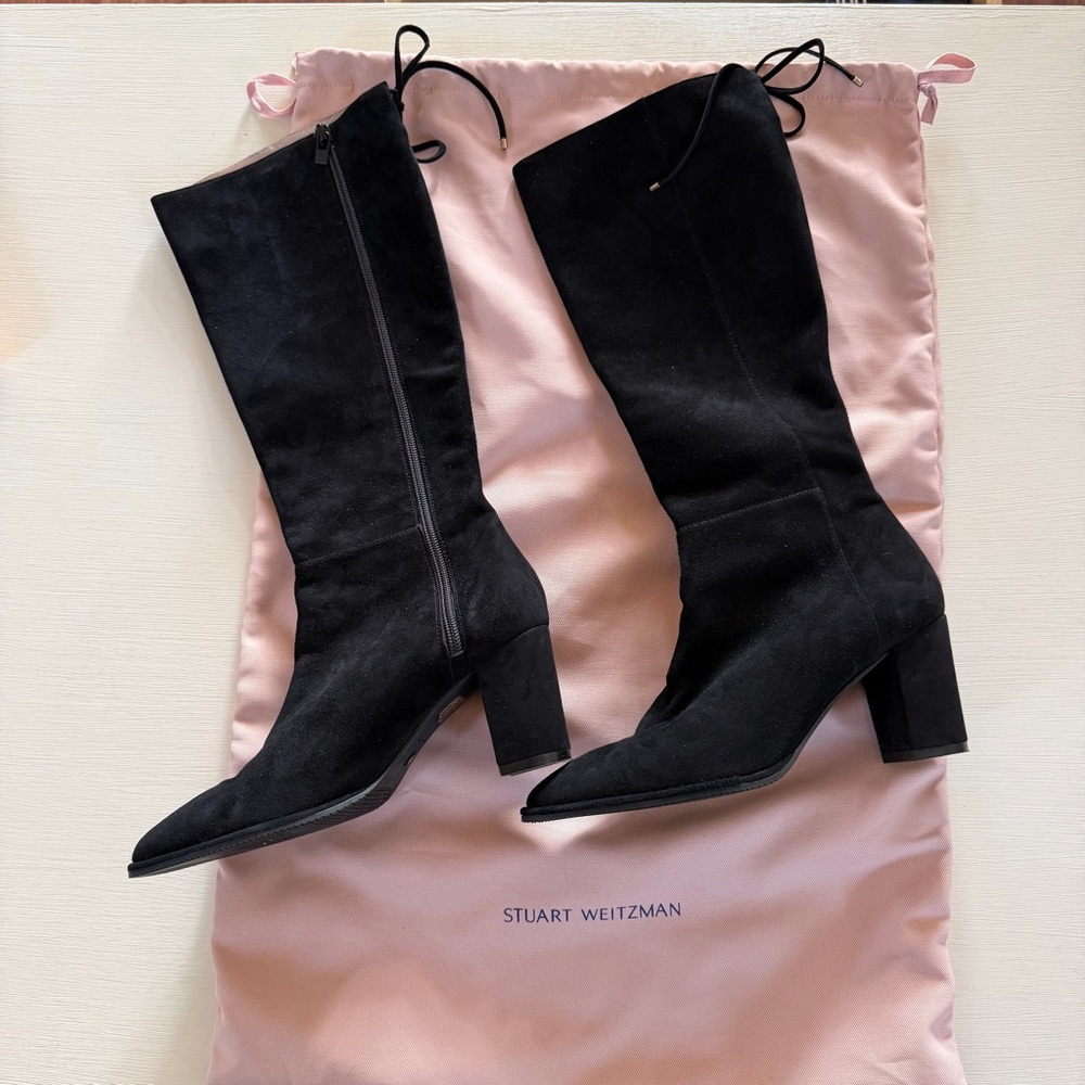 Stuart‎ Weitzman Black Suede Knee High Boots 7.5 Block Heel + Dust Bag